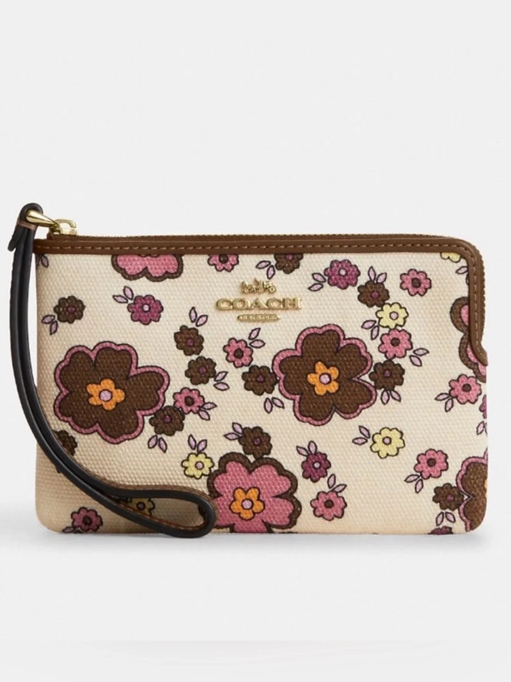 Coach Beige Floral Wristlet with Pink and Brown Flowers